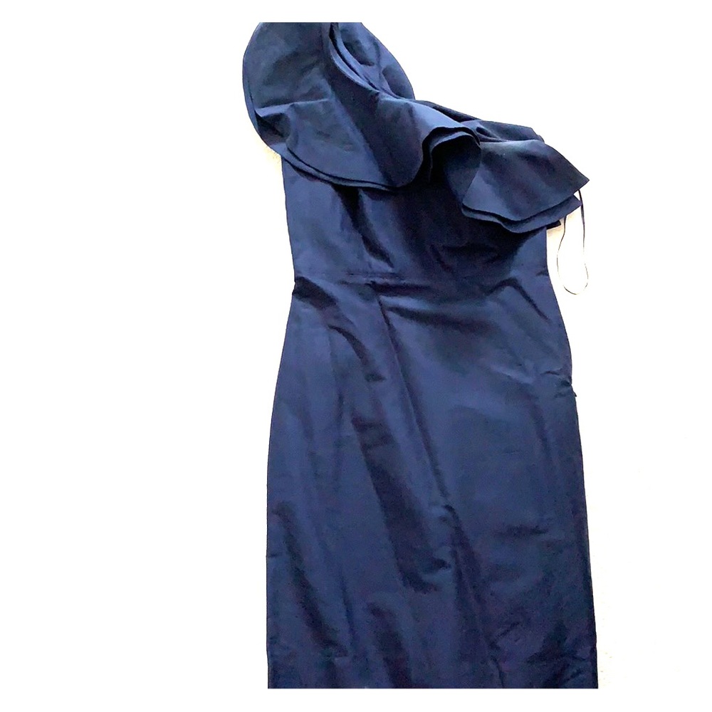 Asymmetrical navy satin dress.